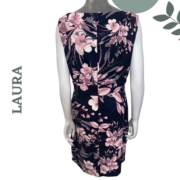 Laura Sleeveless Floral Print Dress Pink Navy Back Zipper Sheath Size 10 - Picture 3 of 6